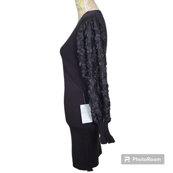 LUSH Size Small Black Knit Sweater Mini Dress 3D Floral Sheer Balloon Sleeve NWT - Picture 5 of 14